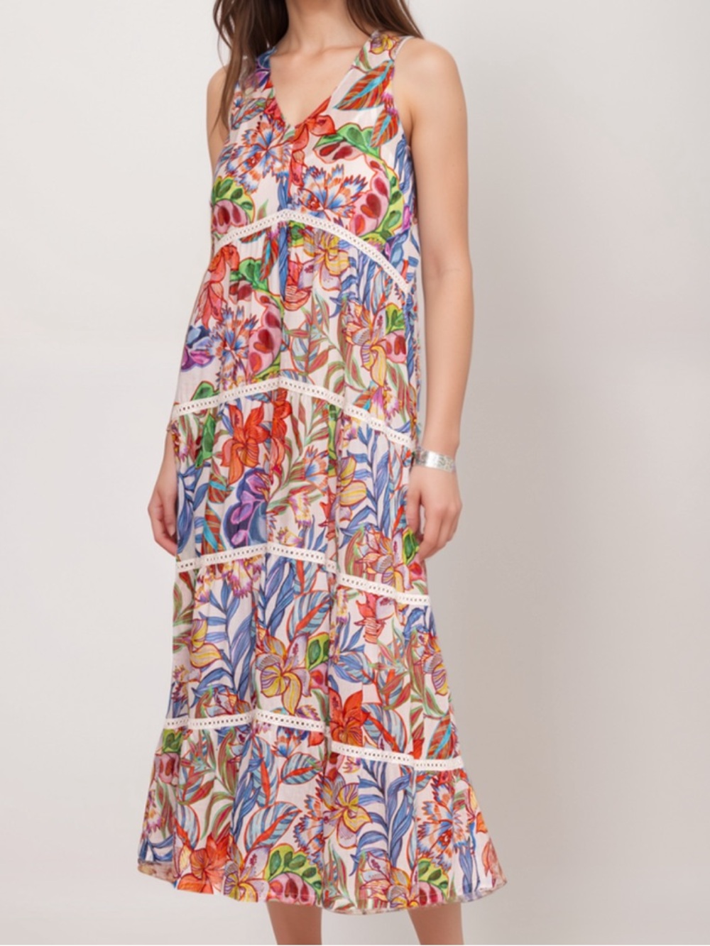 Like New Johnny Was Floral Chevron Tiered Midi Dress Size Medium